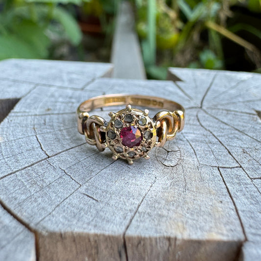 Antique Edwardian 15ct rosy yellow gold ruby and rose cut diamond cluster ring