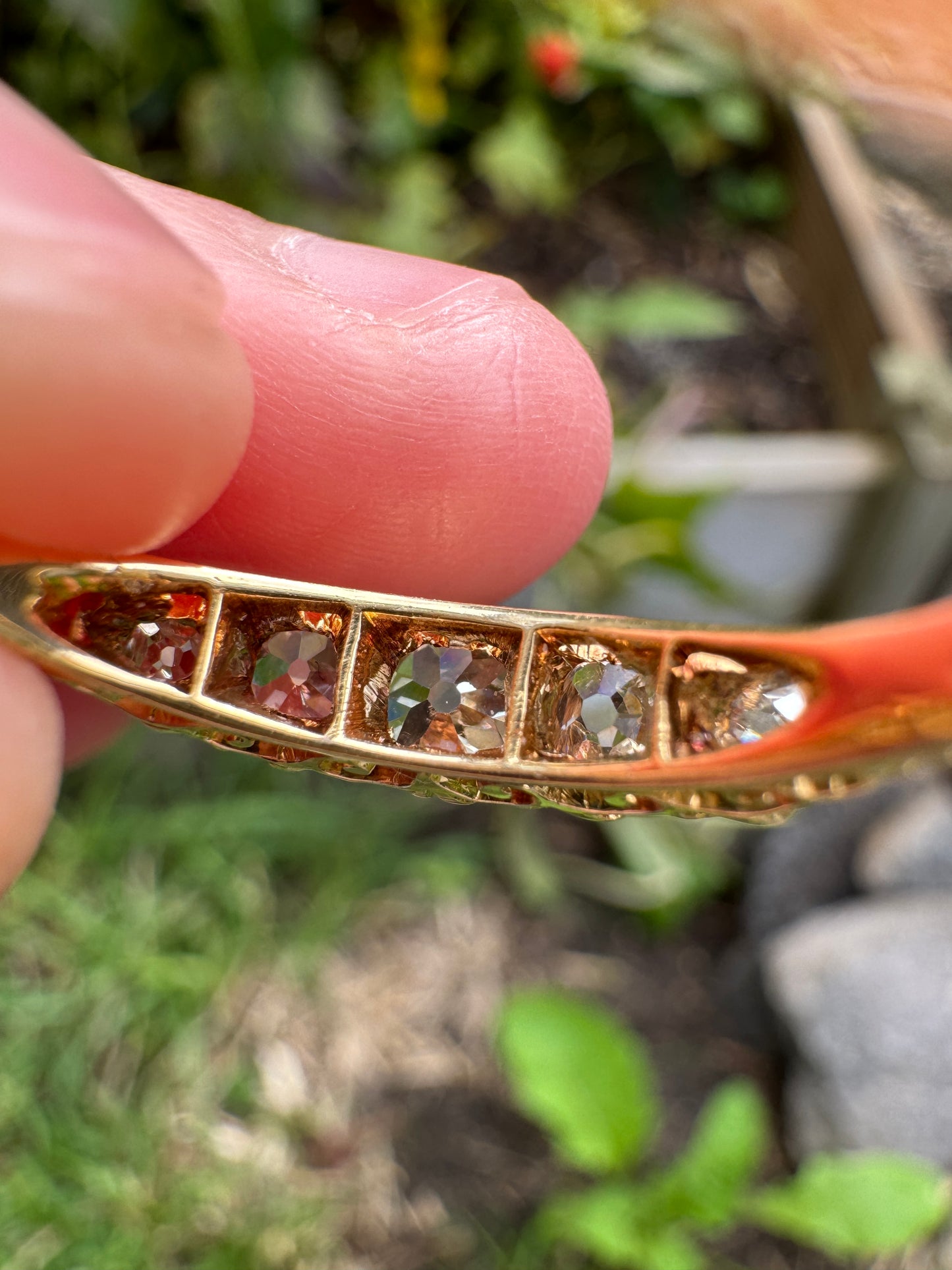 Antique 18ct gold old mine cut diamond five stone ring