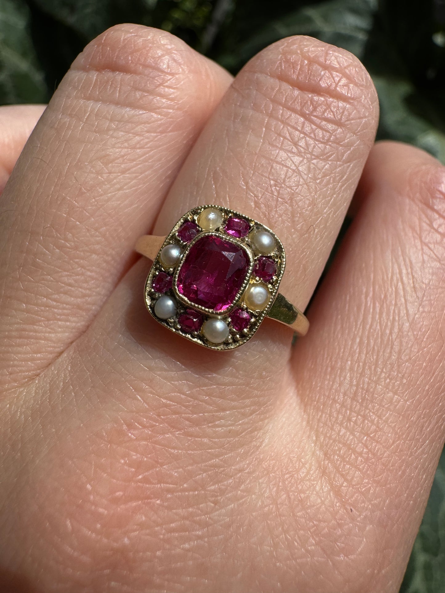 Vintage 14ct yellow gold 1ct TCW natural ruby and seed pearl cluster ring