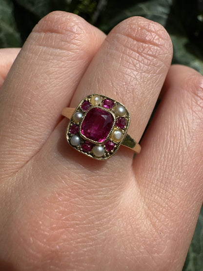 Vintage 14ct yellow gold 1ct TCW natural ruby and seed pearl cluster ring