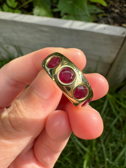 Custom 18ct yellow gold five stone ruby gypsy ring