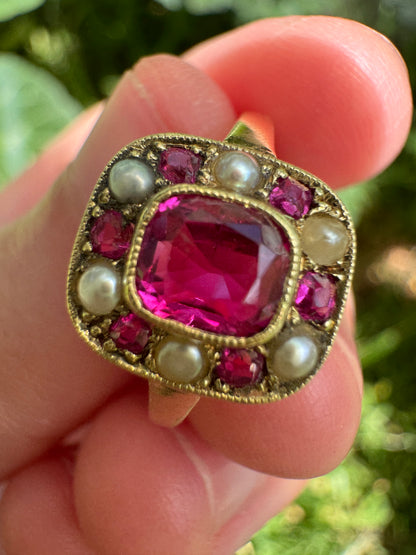 Vintage 14ct yellow gold 1ct TCW natural ruby and seed pearl cluster ring