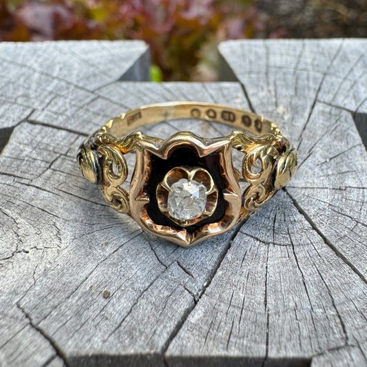 Antique 18ct yellow gold 0.25ct old mine cut diamond and black enamel mourning ring