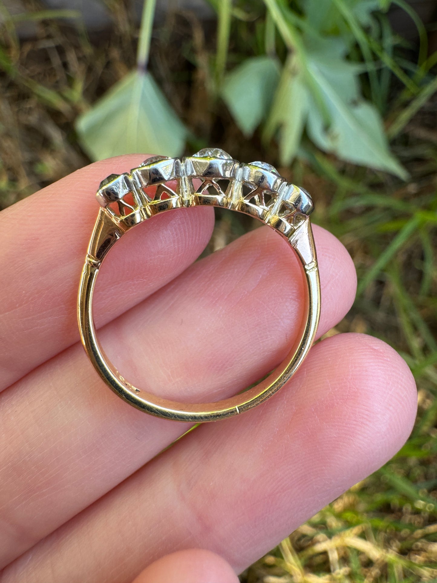 Vintage 18ct yellow gold and platinum five stone 0.69ct TCW old mine cut diamond bezel set ring
