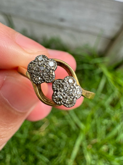 Antique 18ct yellow gold single cut diamond double daisy ring