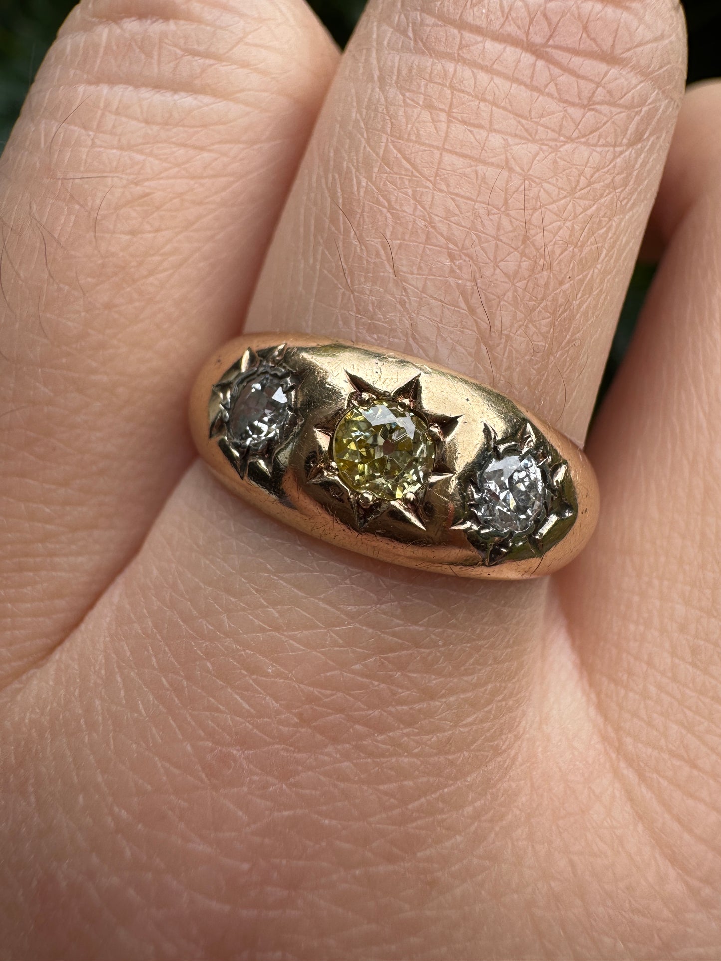 Antique 18ct yellow gold three stone 0.54ct TCW old cut diamond starset gypsy ring with fancy yellow centre