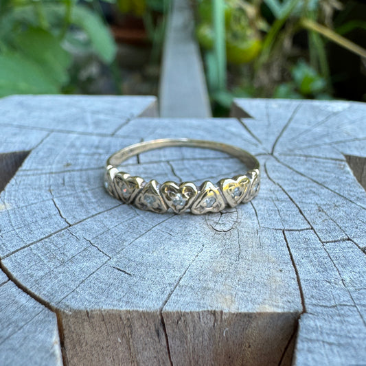 Vintage 9ct yellow gold diamond heart half hoop ring