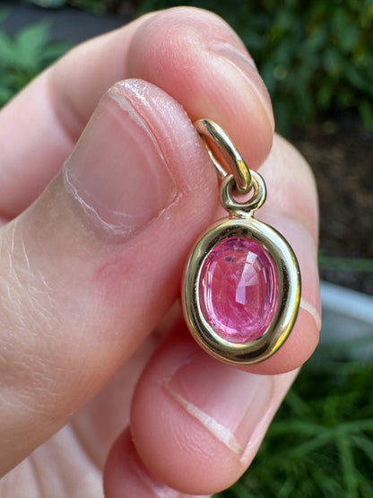 Custom 9ct yellow gold 0.72ct pink sapphire bezel set pendant