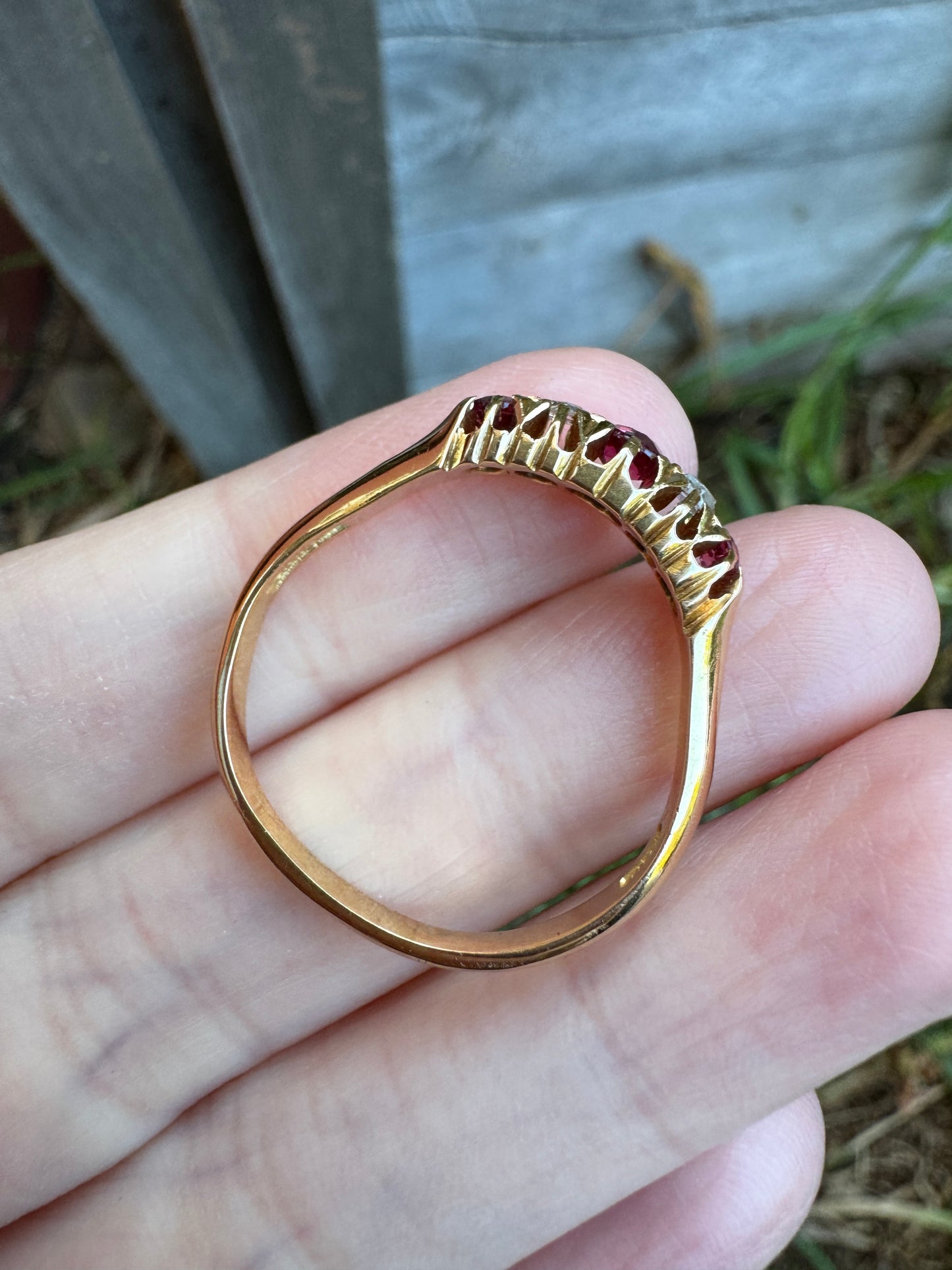 Antique Australian Wendt 18ct yellow gold five stone 0.33ct TCW natural old cut ruby and rose cut diamond ring