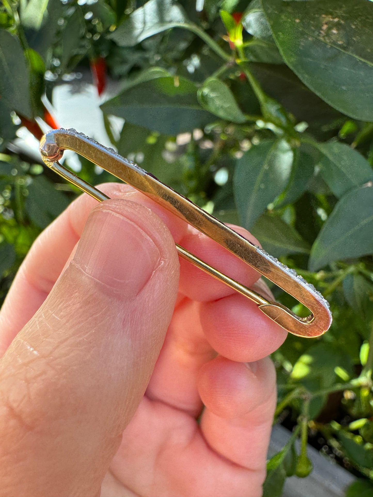 Antique 18ct yellow gold calibre cut ruby and rose cut diamond safety pin brooch/chain extender