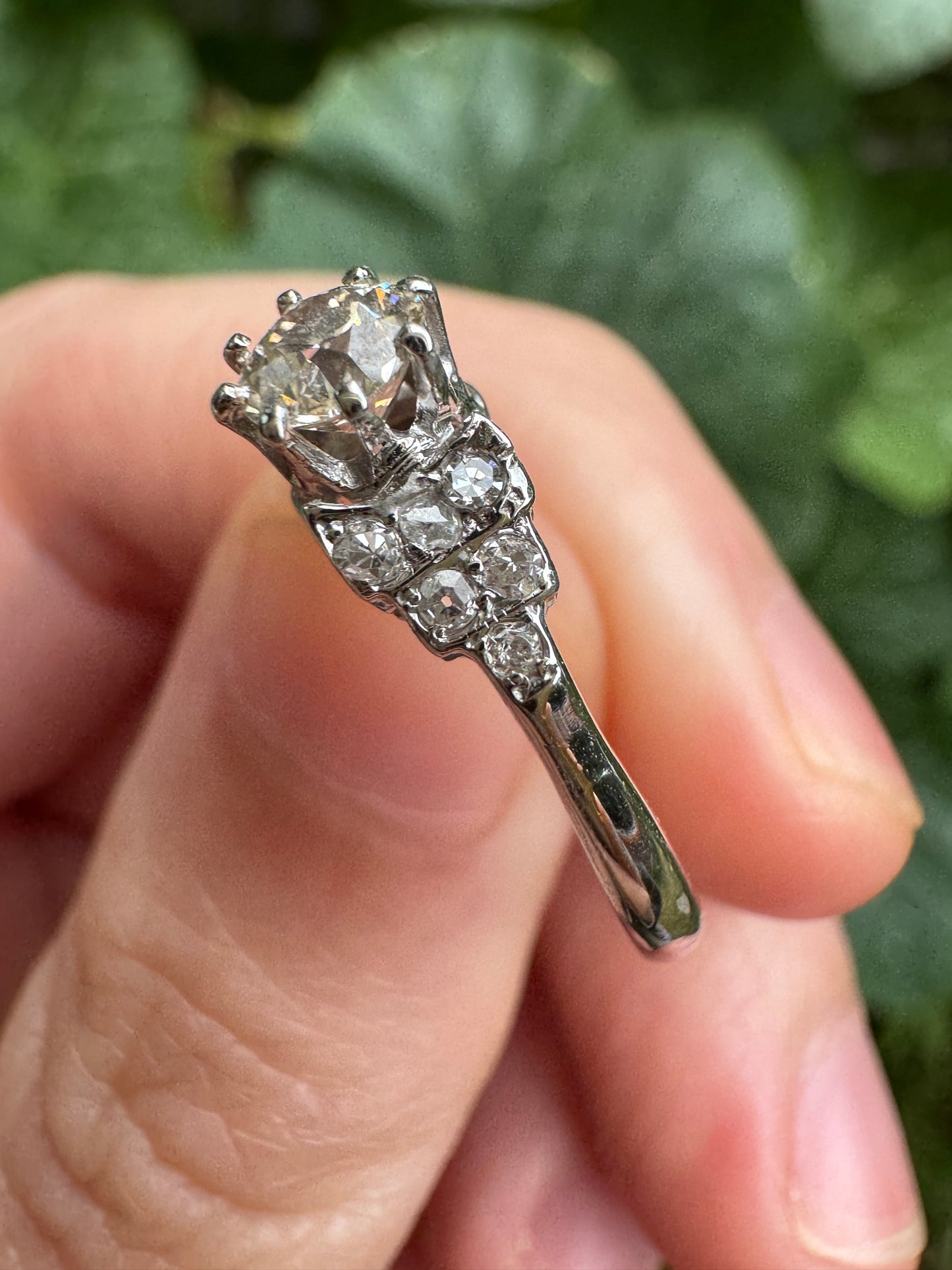 Antique 18ct white gold 0.44ct old mine cut diamond and 0.18ct TCW old single cut diamond ring