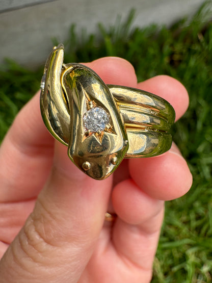 Antique 18ct yellow gold 0.25ct TCW old cut diamond snake ring