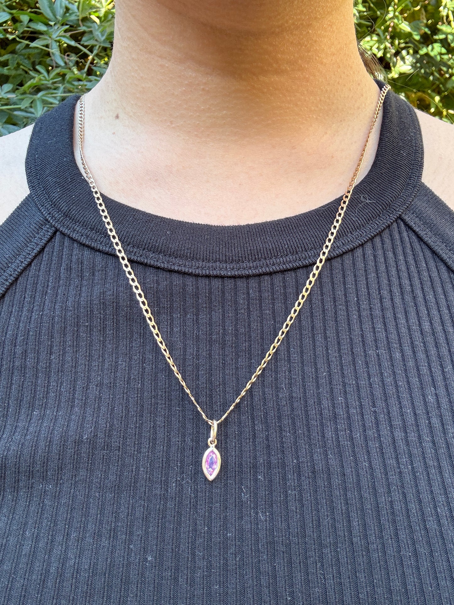 Custom 9ct yellow gold marquise cut 0.54ct pink sapphire bezel set pendant