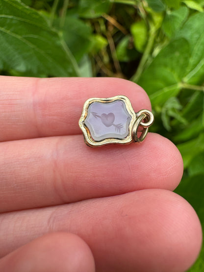 Antique gilt metal heart and Cupid's arrow white chalcedony intaglio pendant