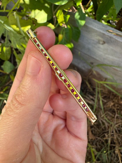 Antique 14ct yellow gold 1.86ct TCW old single cut natural ruby bar brooch/chain extender with lock mechanism