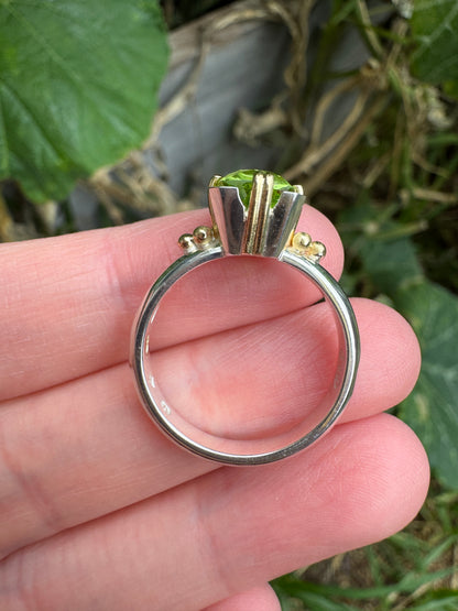 Custom handmade sterling silver and recycled 18ct yellow gold 2.54ct peridot ring