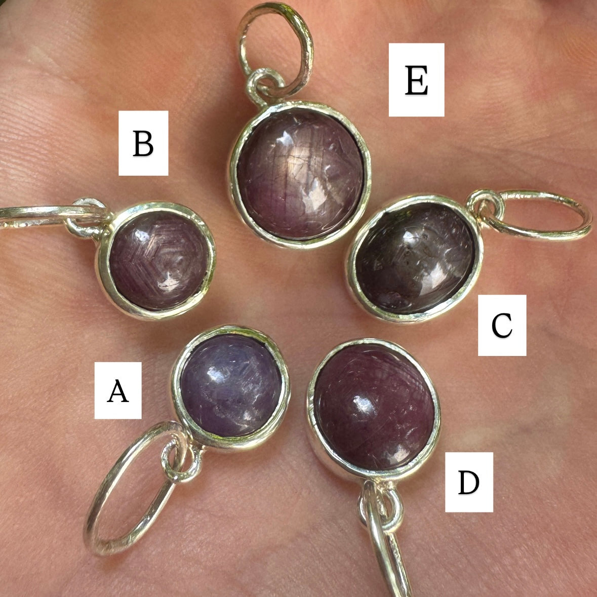 Custom sterling silver African star ruby cabochon pendants