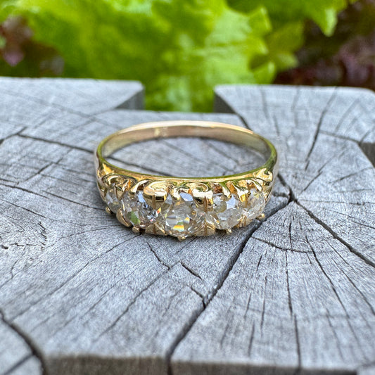 Vintage 14ct yellow gold five stone 0.7ct TCW old mine cut diamond ring