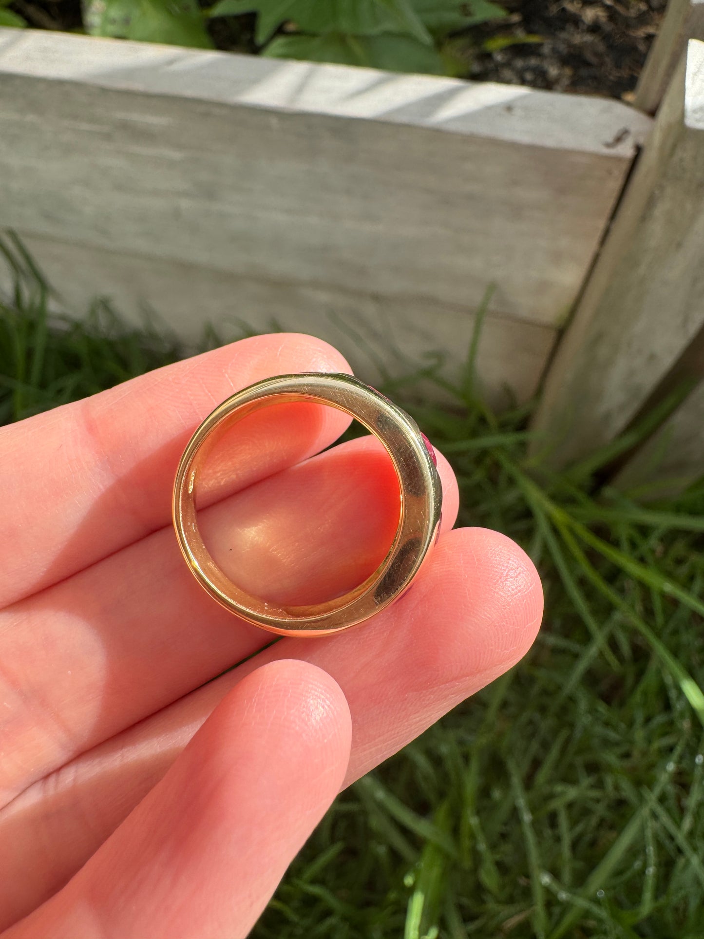 Custom 18ct yellow gold five stone ruby gypsy ring