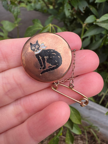 Antique 9ct rose gold enamel cat brooch with safety chain