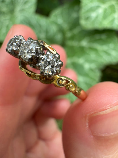 Vintage 18ct yellow gold three stone 0.5ct TCW old European cut diamond crossover ring