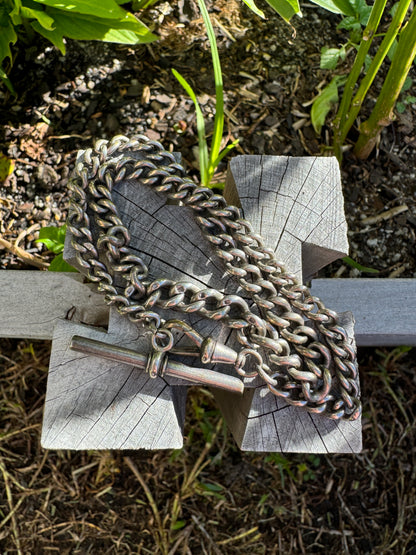 Antique sterling silver watch chain with dog clip and t-bar, 38cm / 15 inches long