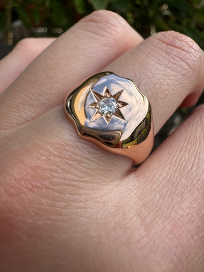 Antique English 9ct rosy yellow gold 0.15ct old European cut diamond starset shield signet ring