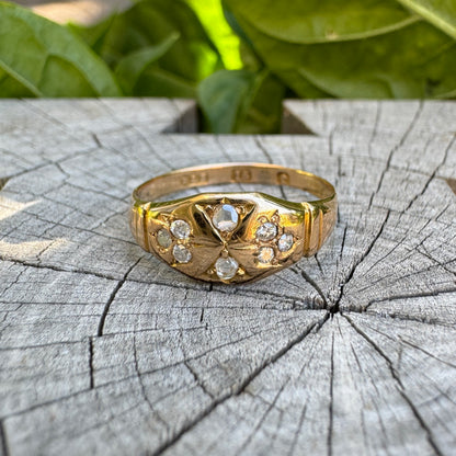 Antique 15ct yellow gold eight stone old cut and rose cut diamond gypsy ring
