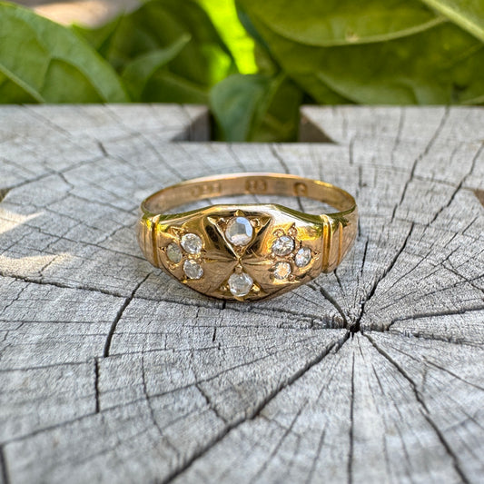 Antique 15ct yellow gold eight stone old cut and rose cut diamond gypsy ring