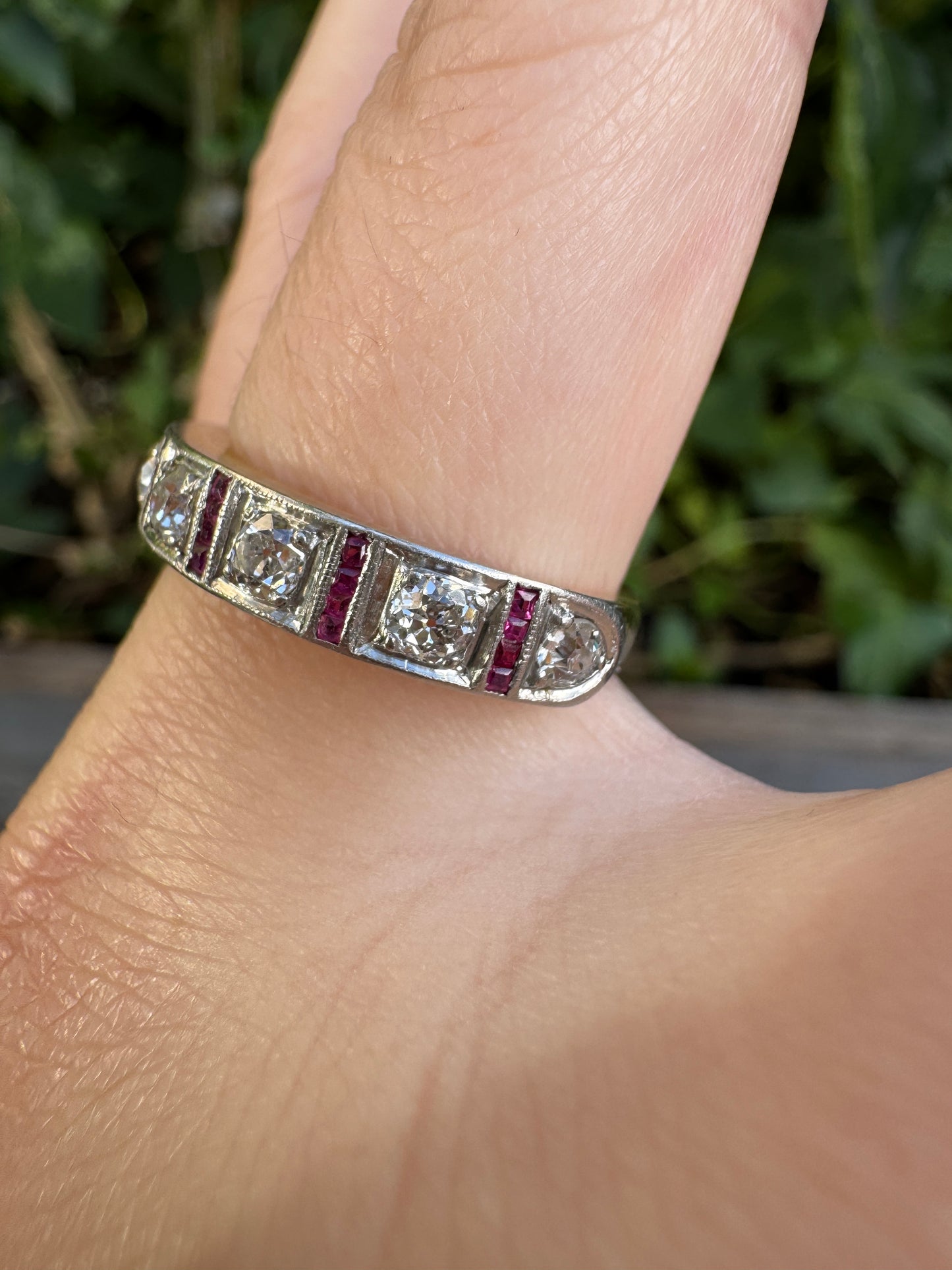 Antique 18ct yellow gold and platinum seven stone 0.73ct old cut diamond ring with 24 accent calibre cut rubies