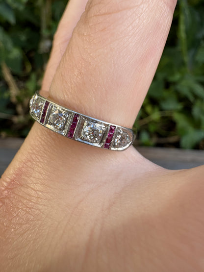 Antique 18ct yellow gold and platinum seven stone 0.73ct old cut diamond ring with 24 accent calibre cut rubies