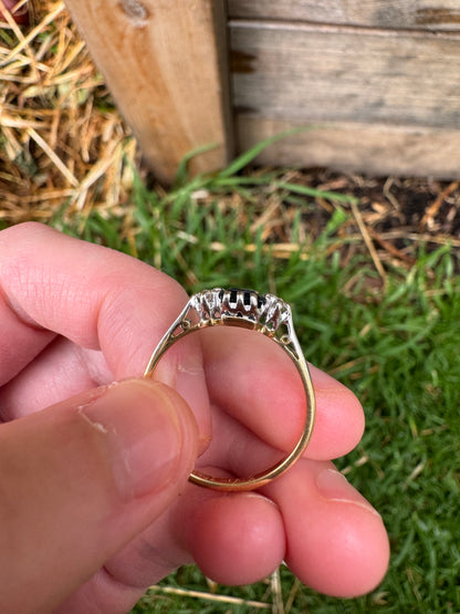 Vintage 18ct yellow gold and platinum natural table cut sapphire and old cut diamond ring