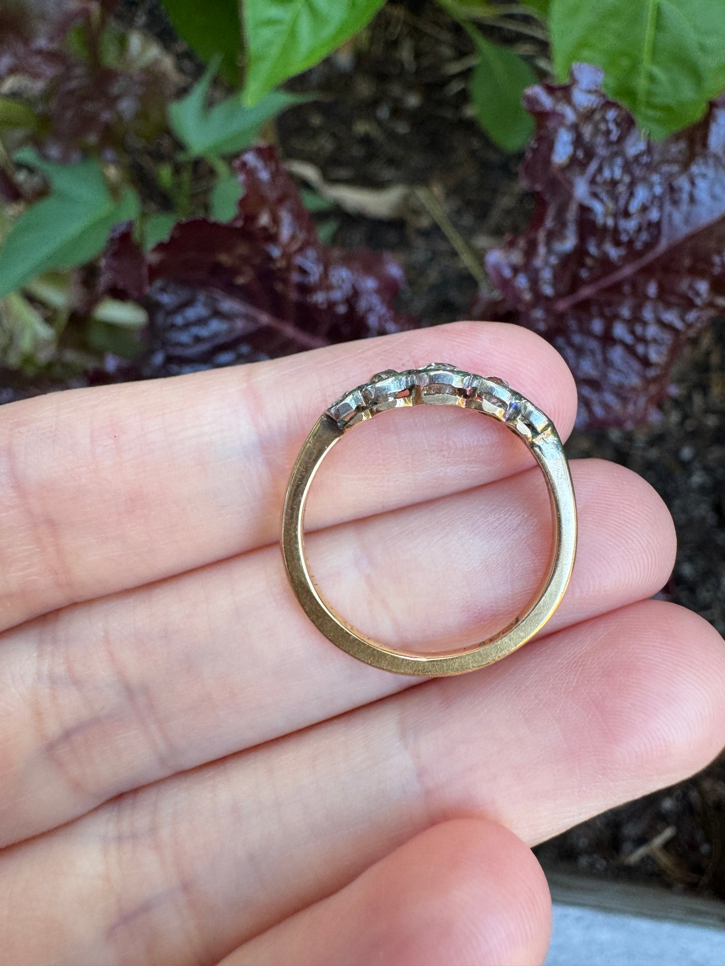 Antique 18ct yellow gold five stone 0.5ct TCW old mine cut diamond bezel set ring