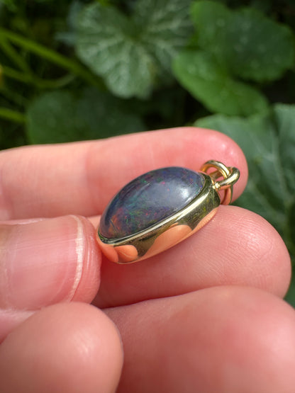 Custom handmade recycled 9ct yellow gold 3.01ct dark opal cabochon bezel set pendant