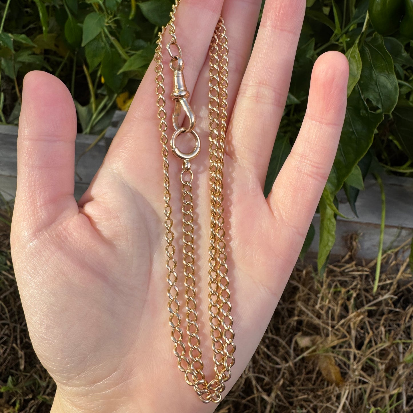 Antique 15ct yellow gold curb link watch chain with dog clip, 53.5cm / 21.06 inches long