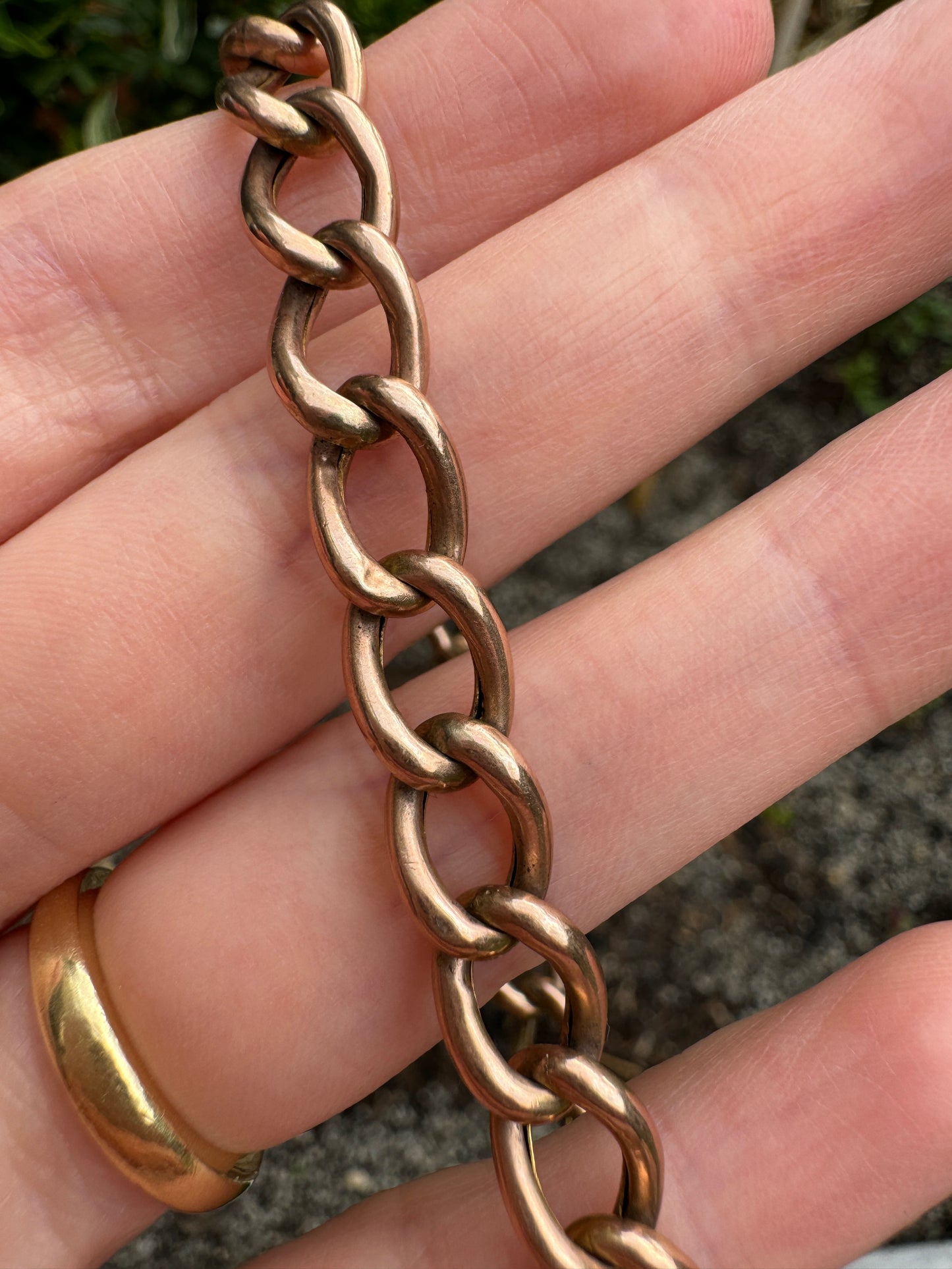 Antique 9ct rosy yellow gold heart padlock bracelet, 18cm / 7.1 inches long