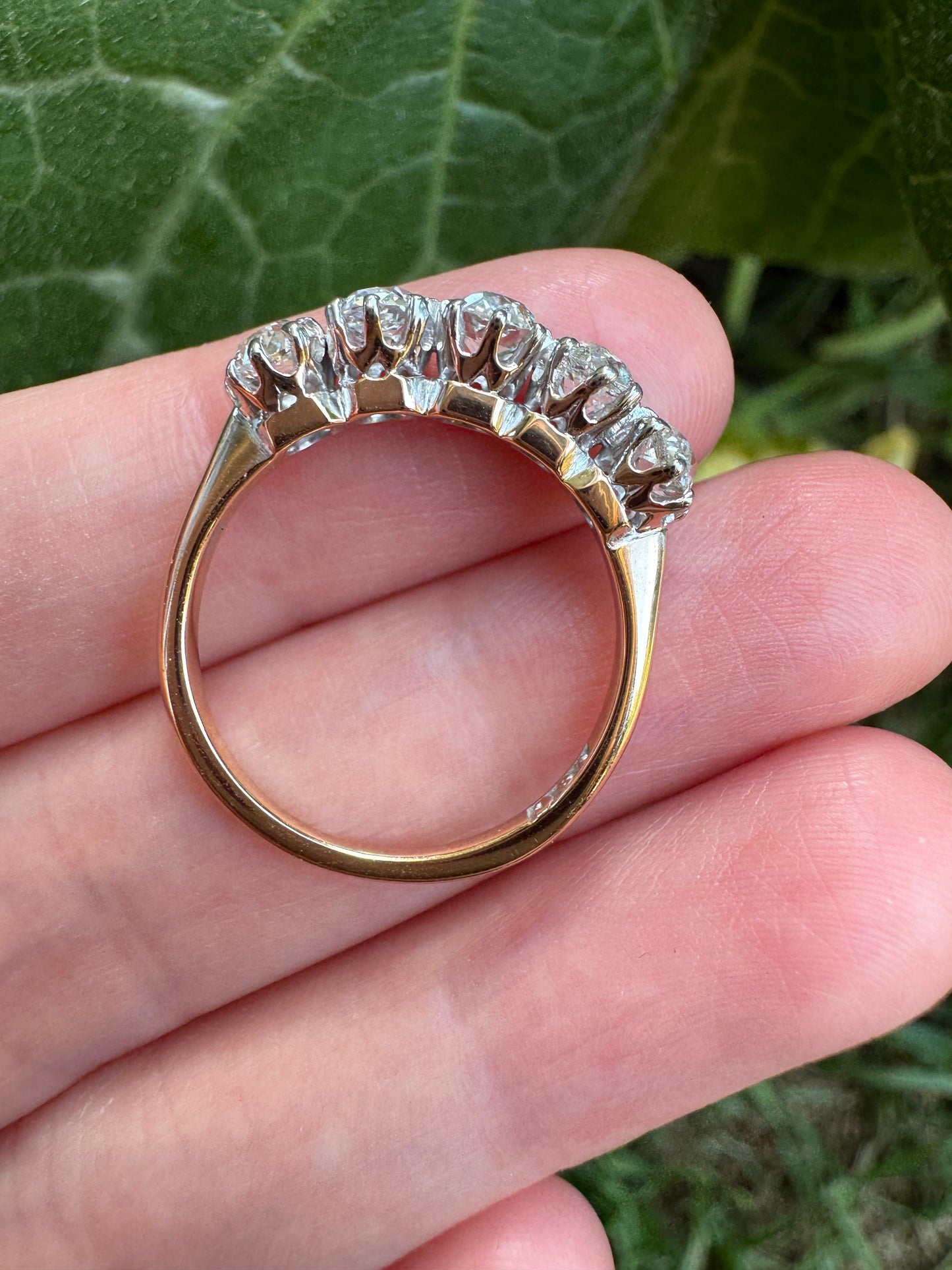 Antique 18ct yellow gold five stone 1.29ct TCW old mine cut diamond ring