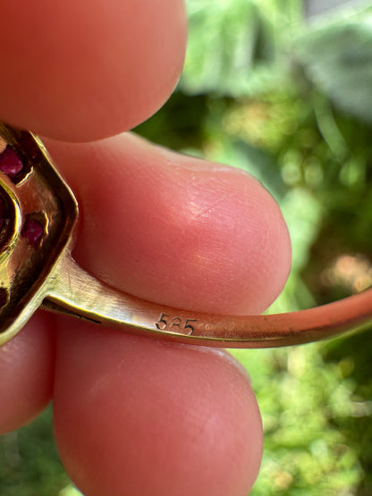 Vintage 14ct yellow gold 1ct TCW natural ruby and seed pearl cluster ring