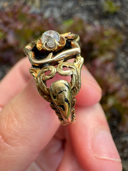Antique 18ct yellow gold 0.25ct old mine cut diamond and black enamel mourning ring