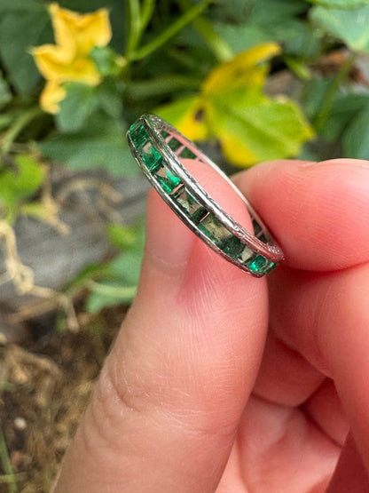 Antique platinum 1.02ct TCW natural emerald engraved eternity ring