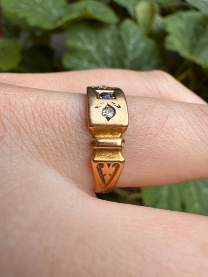 Antique Australian 15ct rosy yellow gold natural sapphire and old single cut diamond gypsy ring