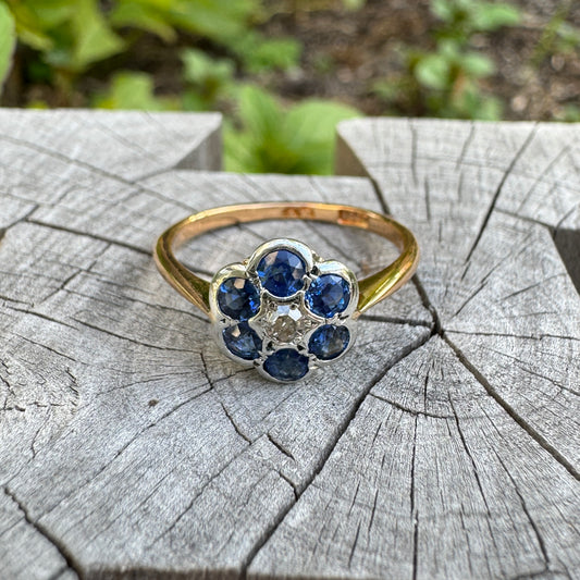 Vintage 18ct yellow gold old cut sapphire and single cut diamond daisy cluster ring