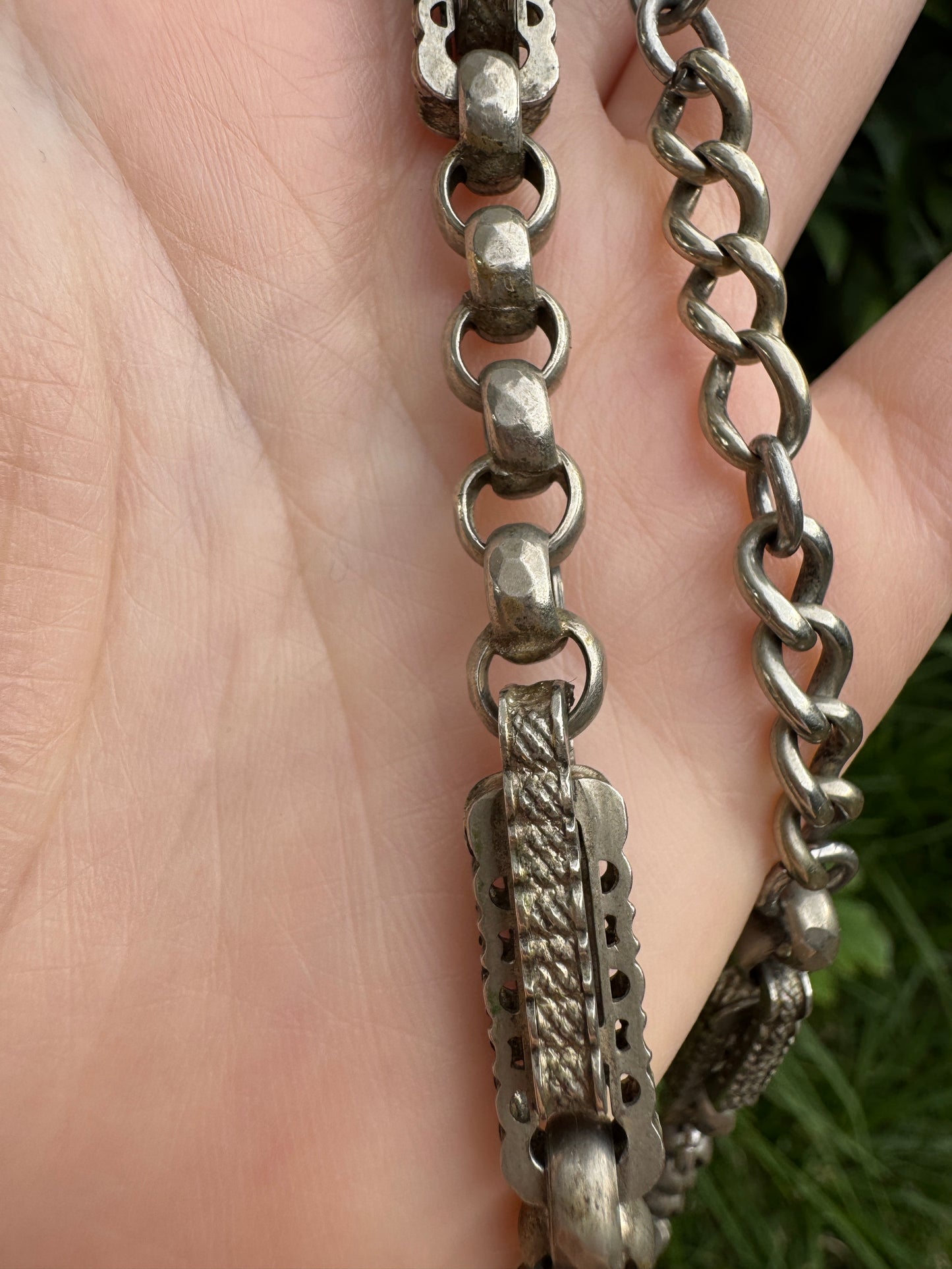Antique albo silver fancy link chain with dog clips, 42cm / 16.54 inches long