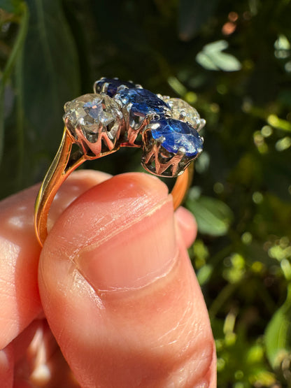 Antique 18ct yellow gold and platinum 1.12ct TCW natural sapphire and 0.8ct TCW old mine cut diamond ring
