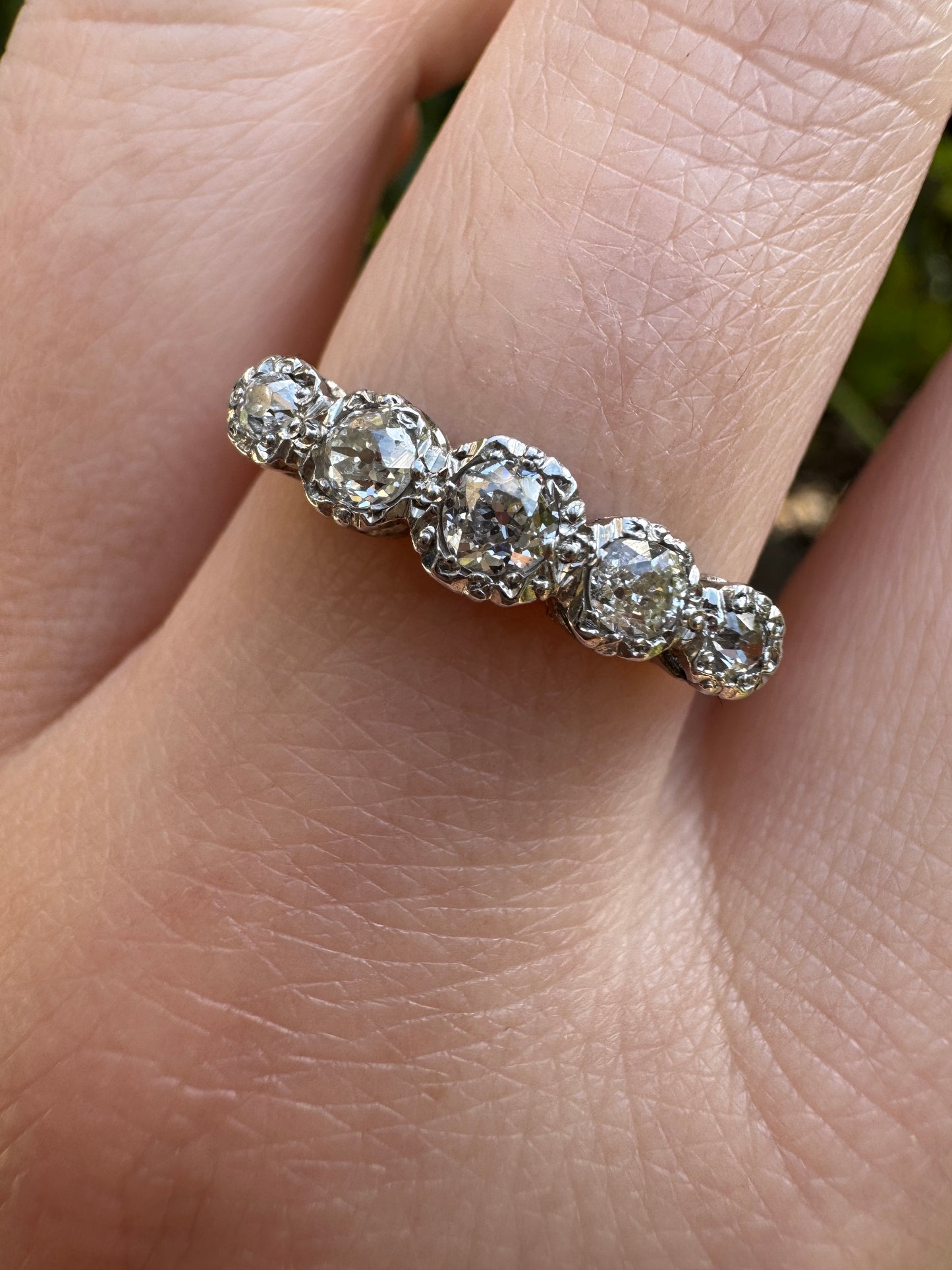 Antique 18ct yellow gold and platinum five stone 0.45ct TCW old mine cut diamond bezel set ring