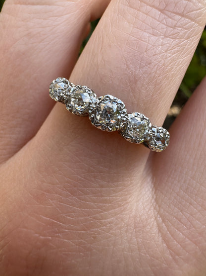 Antique 18ct yellow gold and platinum five stone 0.45ct TCW old mine cut diamond bezel set ring