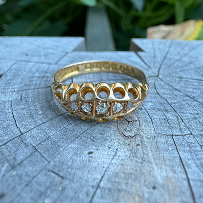 Antique 18ct yellow gold five stone 0.15ct TCW old cut diamond boat ring