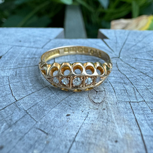 Antique 18ct yellow gold five stone 0.15ct TCW old cut diamond boat ring