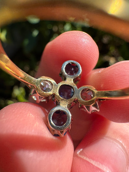 Antique 18ct yellow gold and platinum 1.12ct TCW natural sapphire and 0.8ct TCW old mine cut diamond ring