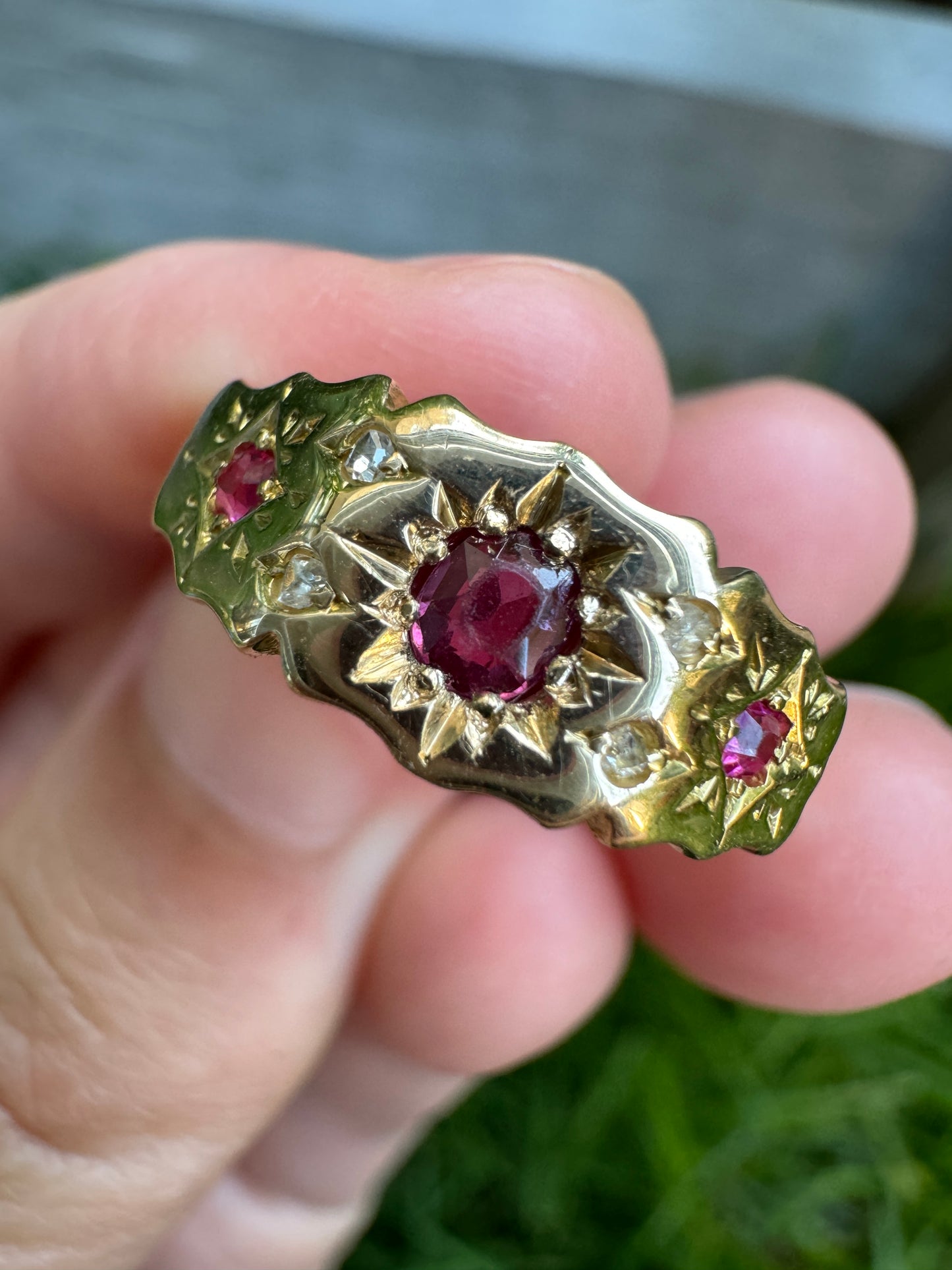 Antique Victorian 15ct rosy gold scalloped ruby, red spinel and rose cut diamond gypsy ring